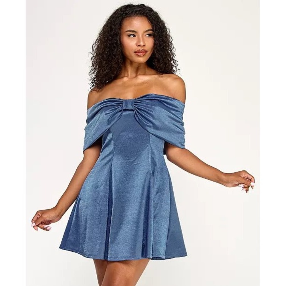 Seni & Cade Jrs. Metallic Blue Off The Shoulder Bow Mini Dress NWT Size L